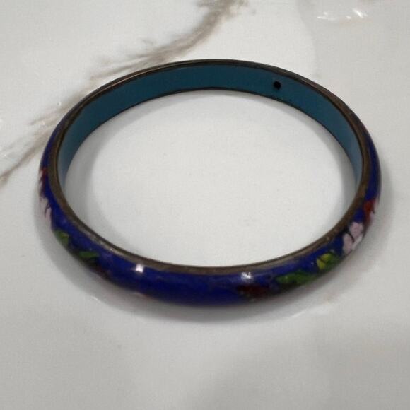 Vintage Cloisonné Enamel Bangle Bracelet – Blue Floral Chinese Style Jewelry - Picture 8 of 8